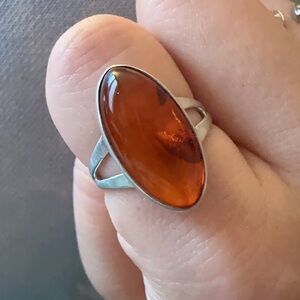 Sterling Silver Orange Amber Marquise Ring
